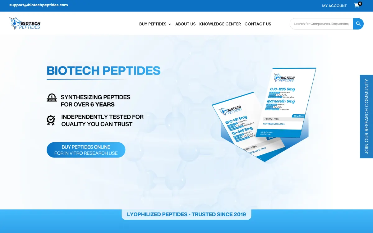 Biotech Peptides homepage, captured October 9, 2026