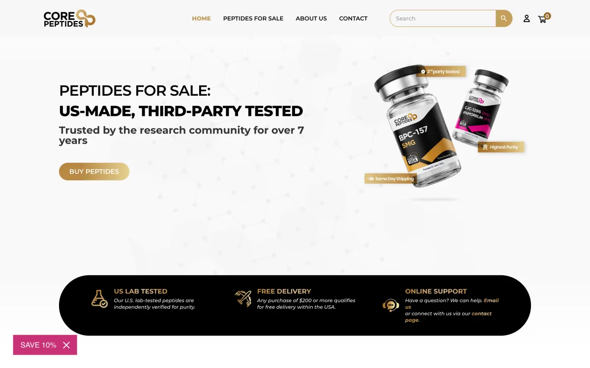 Core Peptides homepage, captured October 9, 2026