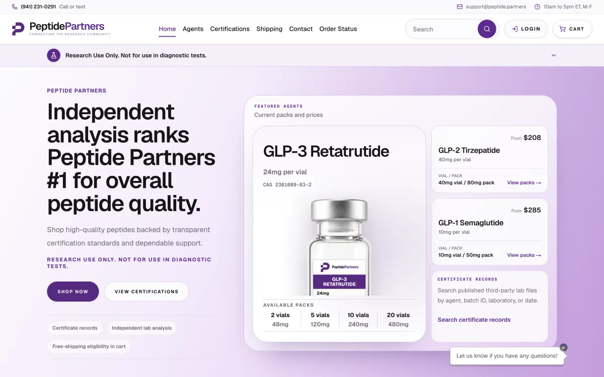 Peptide Partners homepage, captured October 9, 2026