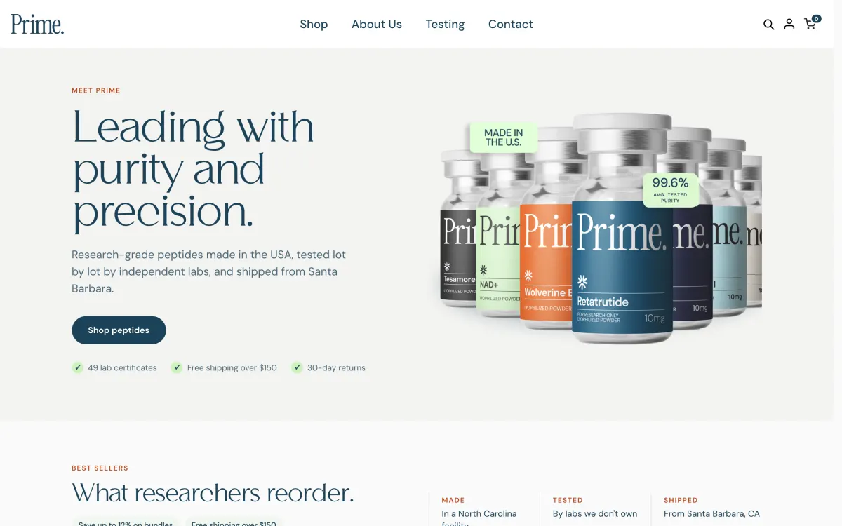 Prime Peptides homepage, captured October 9, 2026