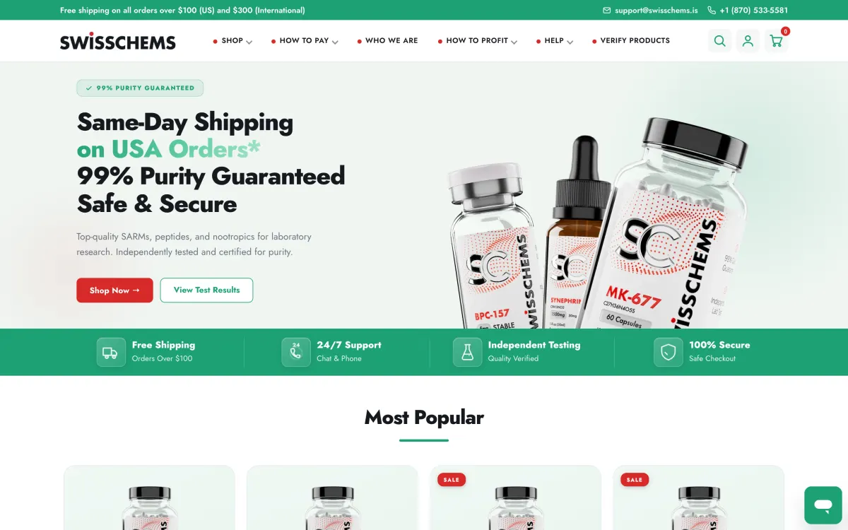 Swiss Chems homepage, captured October 9, 2026